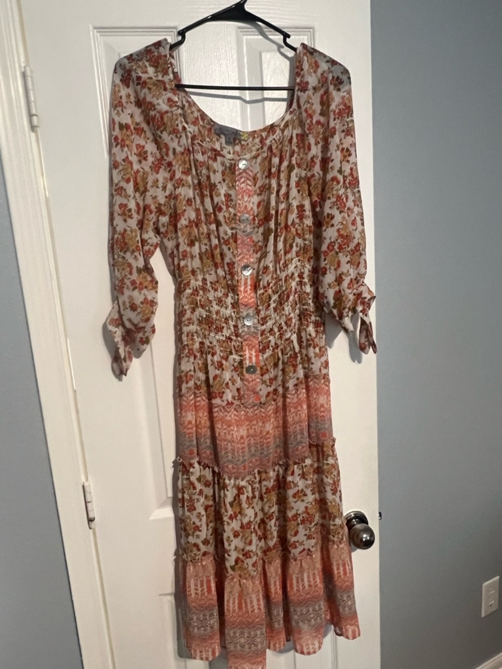 Floral Boho Midi Dress in Peach and Cream
